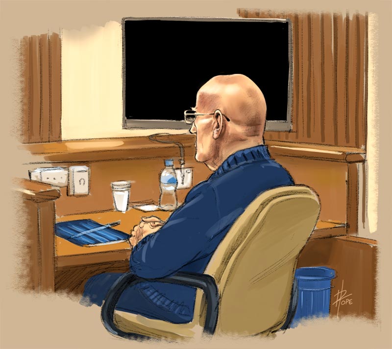 Sketch, David Eastman sitting through the retrial