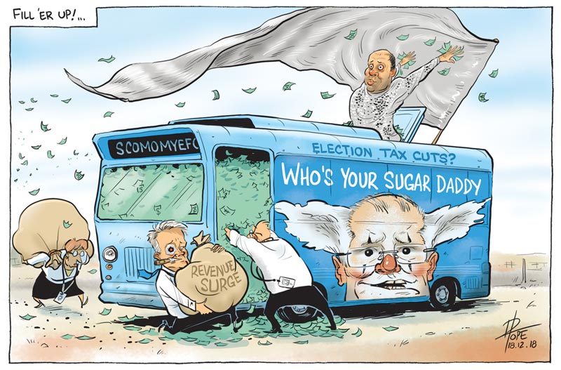 Cartoon, stuffing the campaign bus with budget cash