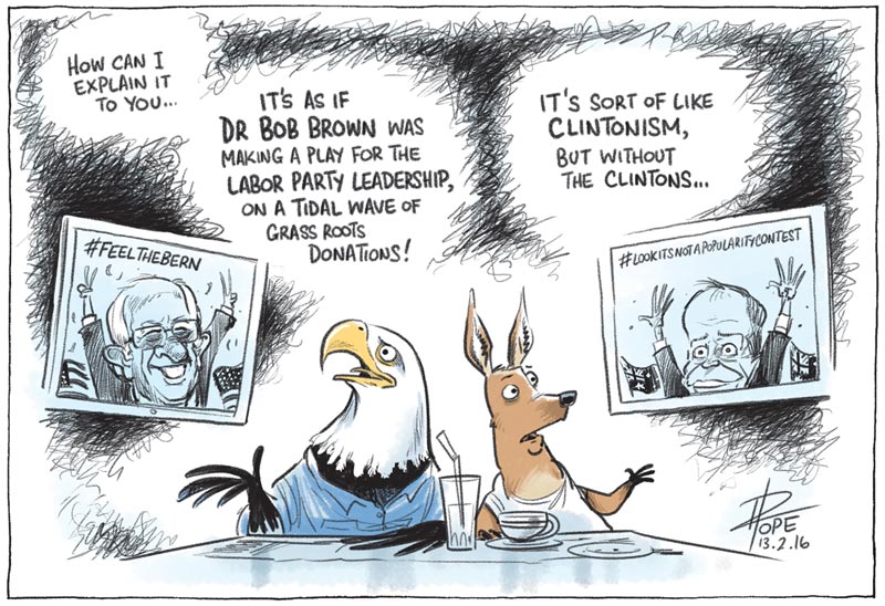 Cartoon on comparative politics; Sanders in the US and Shorten in Australian