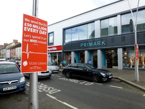 File - A "Vote Leave" poster in Omagh prior to the Brexit referendum, Northern Ireland, saying "We send the EU £50 million every day. Let's spend it on our NHS instead."