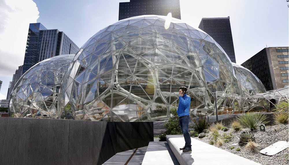 Amazon's glass Spheres, being built in Seattle. Photo: Elaine Thompson/AP