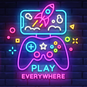 Illustration showing play everywhere in neon signs
