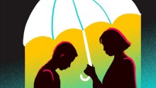 A woman holds an umbrella over a man to shelter him from rain and to show her support as a friend and ally in a time of need.