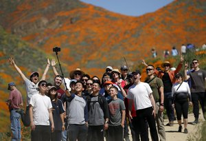 People pose for a picture among wildflowers in bloom Monday, March 18, 2019, in Lake Elsinore, Calif.