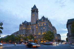 Traffic is seen moving along Pennsylvania Avenue, in front of the Trump International Hotel in Washington, Friday, Nov. 3, 2017.