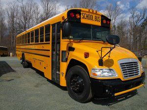 Front view of a 24 February 2012 Blue Bird 77 Maximum Passenger School Bus in Charlottesville, Virginia.