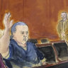 In this file courtroom sketch, Cesar Sayoc raises his arm to swear to the truth of his statement of need for assigned counsel, during his presentment in Manhattan Federal Court in New York. 