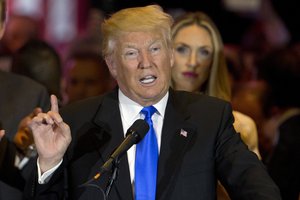 Republican presidential candidate Donald Trump speaks during a primary night news conference, Tuesday, May 3, 2016, in New York.