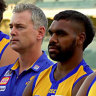 Liam Ryan (right) with coach Adam Simpson and Josh Kennedy.