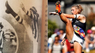 Tayla Harris (right) in the landmark photo and a photo taken in 1921 and published in The Australasian of another female footballer in a similar pose.