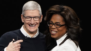 Apple CEO Tim Cook and Oprah Winfrey at the Apple TV+ launch.