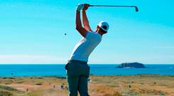 Erik van Rooyen of South Africa on the famously picturesque par-three 14th hole at Ballyliffin. Photo: Ross Kinnaird. Photo: Ross Kinnaird/Getty Images