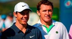 Rory McIlroy, left, of Northern Ireland and former jockey AP McCoy during the Pro-Am round ahead of the Irish Open Golf