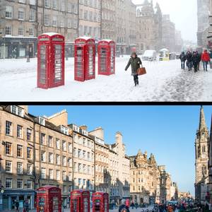 Composite photos of on 01/03/18 (top), during the Beast from the East, and the same view on 26/02/19, as Britain experienced record-breaking temperatures after Tuesday became the warmest winter day on record.