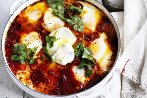 Baked eggs with spicy sausage and labna.