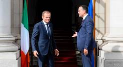 Dublin talks: Taoiseach Leo Varadkar greets European Council Donald Tusk. Photo: Getty