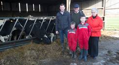 Liam Delaney with his parents Jim and Frances Delaney and children Kate and James on the family farm near Portlaoise. Photo: Alf Harvey