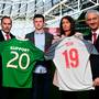 Sean Cox’s wife Martina and son Jack with former Liverpool players Jason McAteer (left) and Ian Rush (right) at the launch of the Liverpool Legends v Republic of Ireland XI game at Aviva Stadium. Picture: Sportsfile