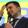 Ukrainian comedian Volodymyr Zelenskiy, reacts as he responds to a  question during a press conference, after the presidential elections in Kiev, Ukraine, on Sunday, March. 31.