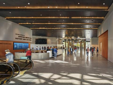 Visitors in the lobby of the African American Museum of History and Culture