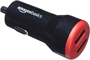 AmazonBasics Dual-Port USB Car Charger for Apple & Android Devices - 4.8 Amp/24W, Black/Red