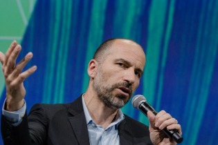 Dara Khosrowshahi, chief executive officer of Uber Technologies Inc., gestures while speaking during the Viva Technology ...