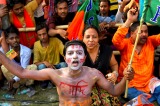 A man shows his support for Narendra Modi's party at a mass rally in Kolkata in April.