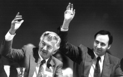 Greatness may be calling: Bob Hawke and Paul Keating in 1990. © Peter Morris/Fairfax Syndication