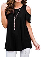 PrinStory Women's Short Sleeve Casual Cold Shoulder Tunic Tops Loose Blouse Shirts