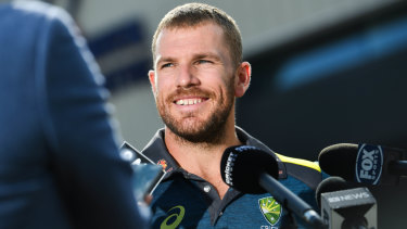 Aaron Finch addresses the media on Monday.