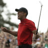 Masterful: Tiger Woods reacts to claiming his 15th major after his win at Augusta.