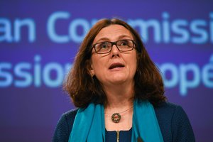 Cecilia Malmstrom, Member of the EC in charge of Trade, makes a statement following the adoption by the Council of the directives to enter into trade negotiations with the United States