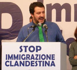 File - Matteo Salvini speaks at a Lega Nord rally against clandestine immigration,  2013.