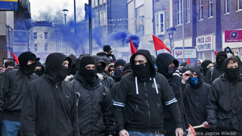 Anti Fascists combating the Anti -Immigration rally in Dover Kent January 30th 2016.photographs Janine Wiedel