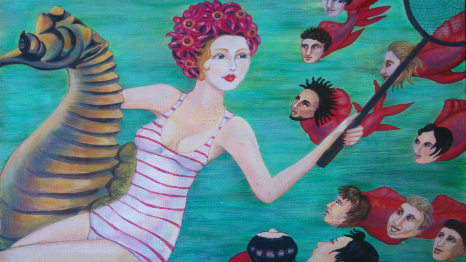 Image of a woman riding a seahorse - Illustration by Liza Dezfouli