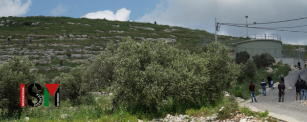 protesters climbing hill, soldiers in the background