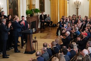 President Donald J. Trump recognizes Aubry Day and her baby in the audience at the Wounded Warrior Project’s Soldier Ride D.C. event, Thursday, April 18, 2019, in the East Room of the White House.