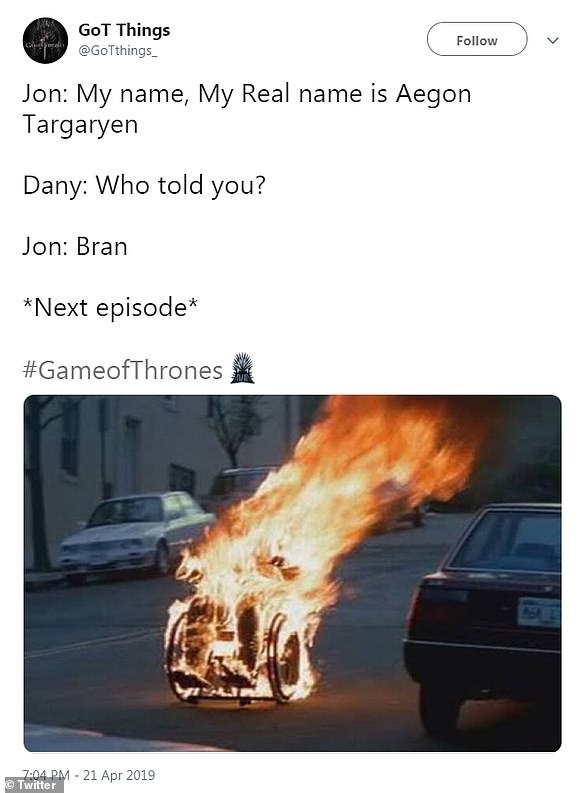 The messenger: Another tweet predicted Dany's response to Bran in the next episode after he told Jon his actual lineage