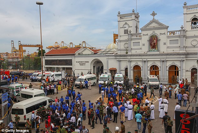 Mr Kolonne said he found his wife and daughter on the floor of the church after the explosion. Pictured: Security forces secure the area around the St. Anthony's Shrine after an explosion hit St Anthony's Church in Kochchikade in Colombo, Sri Lanka