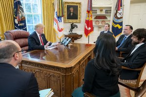 President Donald J. Trump meets with Twitter chief executive Jack Dorsey Tuesday, April 23, 2019, in the Oval Office of the White House