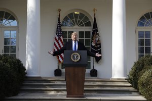 President Donald Trump speaks during an event in the Rose Garden at the White House to declare a national emergency in order to build a wall along the southern border, Friday, Feb. 15, 2019, in Washington.