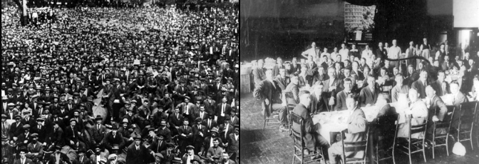 In March 1927, the General Labor Union in Shanghai, under direction of the Chinese Communist Party, launched a general strike and an armed insurrection of some 600,000 workers (image to left) against the warlords and in support of the approaching Revolutionary Nationalist Army led by the Kuomintang, which the communists were members of. While praising the unions publicly, Chiang Kai-shek proceeded to secretly raise a paramilitary force with support from the bourgeoisie and the criminal underworld to drown the communist forces in their own blood. During the Winnipeg General Strike in the summer of 1919, workers inspired by the Russian revolution completely took control of the city (image to left). While the local ruling elites and the Canadian government completely lost political power for a span of weeks within the city, the Citizens' Committee of One Thousand (image to right) – a secretive organization of Winnipeg’s bourgeoisie created – was created to maintain the unity of its class and counter the revolutionary advances. This was organization served as the main liaise to coordinate the military response which by the Canadian government which ended the strike in late June 1919.