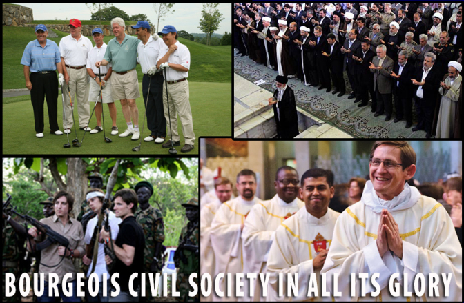  Even though only some of these men have formal political power, all of them exercise the power of their class beyond instruments of the State. From top-left, running clockwise: Clinton kickin’ it with some celebrity golfers; Ayatollah Ali Khamenei leading Eid al-Fitr prayers in Tehran; some exuberant priests; and the founders of Kony 2012 posing with the imperialist-backed so-called Sudan People’s Liberation Army. Seriously, WTF!? What North American could pose with a grenade-launcher with a real people’s army, and not find herself/himself convicted with a life’s worth of terrorism charges? But bourgeois white dudes can pose with reactionary paramilitary forces on any given weekend. Not only will these parasites go away after the revolution, much of their base of power will survive it and will have yet to be destroyed.