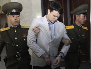 In this March 16, 2016 file photo, American student Otto Warmbier, center, is escorted at the Supreme Court in Pyongyang, North Korea.                                                                                                                                                                               In this March 16, 2016 file photo, American student Otto Warmbier, center, is escorted at the Supreme Court in Pyongyang, North Korea.