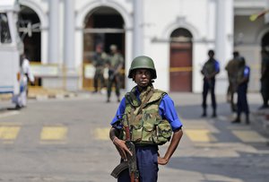 Sri Lankan navy soldiers secure the area out side St. Anthony's Church in Colombo, Sri Lanka, Thursday, April 25, 2019.