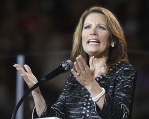 Republican presidential candidate, Rep. Michelle Bachmann, R-Minn., gestures during a speech at Liberty University in Lynchburg, Va., Wednesday, Sept. 28, 2011.