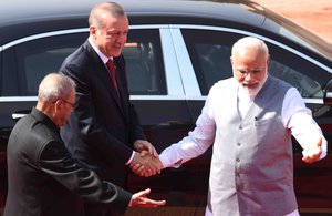 File - The President of India, Shri Pranab Mukherjee and Prime Minister of India Shri Narendra Modi  receives HE Mr. Recep Tayyip Erdogan, President of the Republic of Turkey during his ceremonial reception in Rashtrapati Bhavan, India, 1 May, 2017.