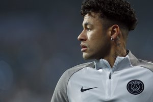 PSG's Neymar is pictured during a training session prior to a Champions League Round of 16 first leg soccer match between Real Madrid and Paris Saint Germain at the Santiago Bernabeu stadium in Madrid, Spain, Wednesday, Feb. 14, 2018.