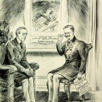 "Well, what are you going to do about it?," political cartoon by R.A. Allen depicting Woodrow Wilson and German Ambassador Johann von Bernstorff (date unknown, believed to be 1915).