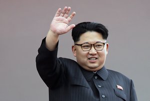 North Korean leader Kim Jong Un waves at parade participants at the Kim Il Sung Square on Tuesday, May 10, 2016, in Pyongyang, North Korea.